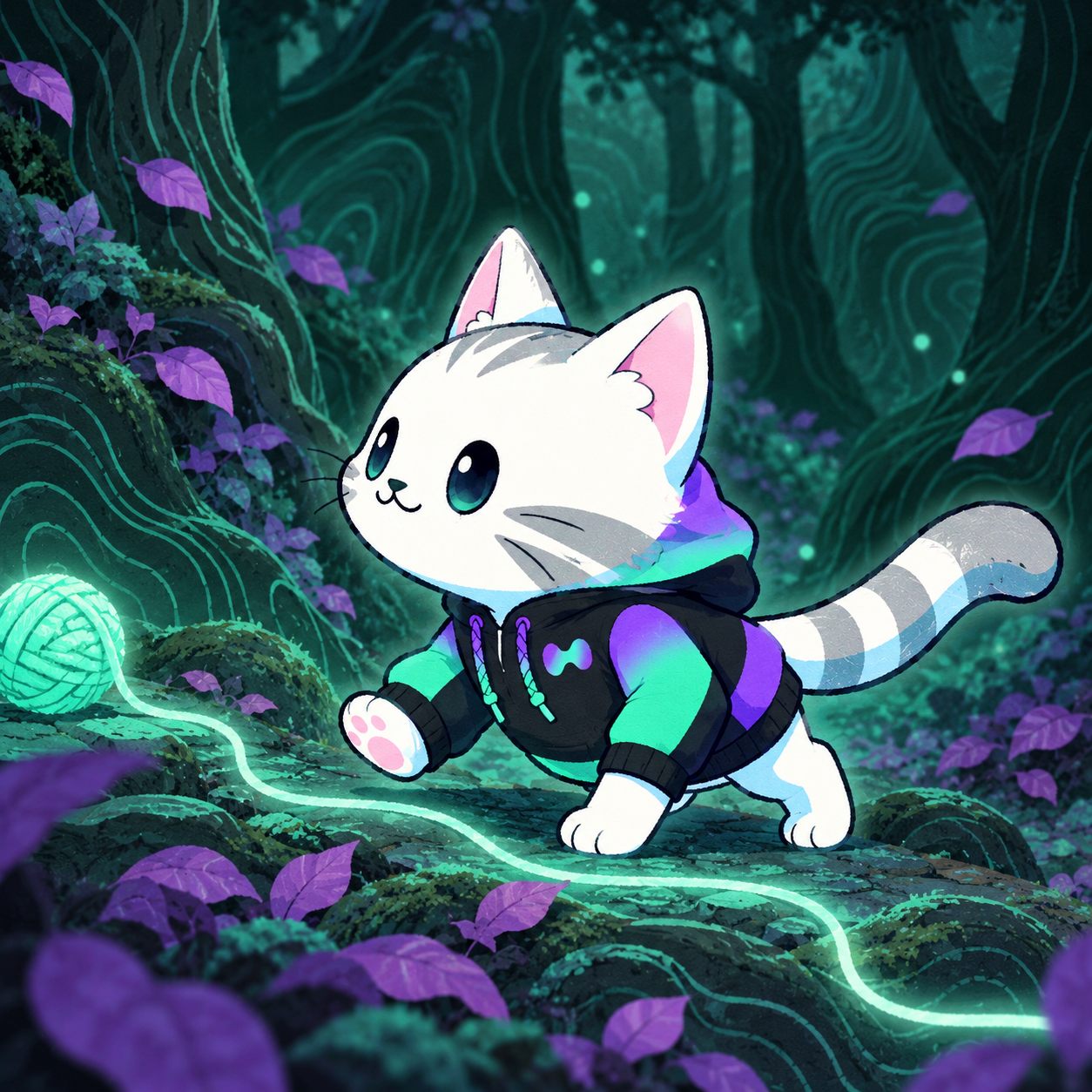 Hypurr walks left through purple leaves, following a luminous mint thread.