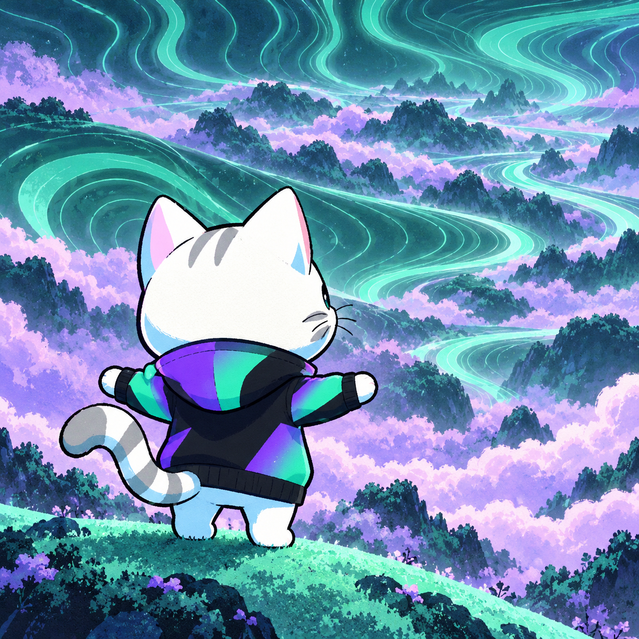 Seen from behind, Hypurr spreads his paws toward a lavender valley crossed by mint currents.