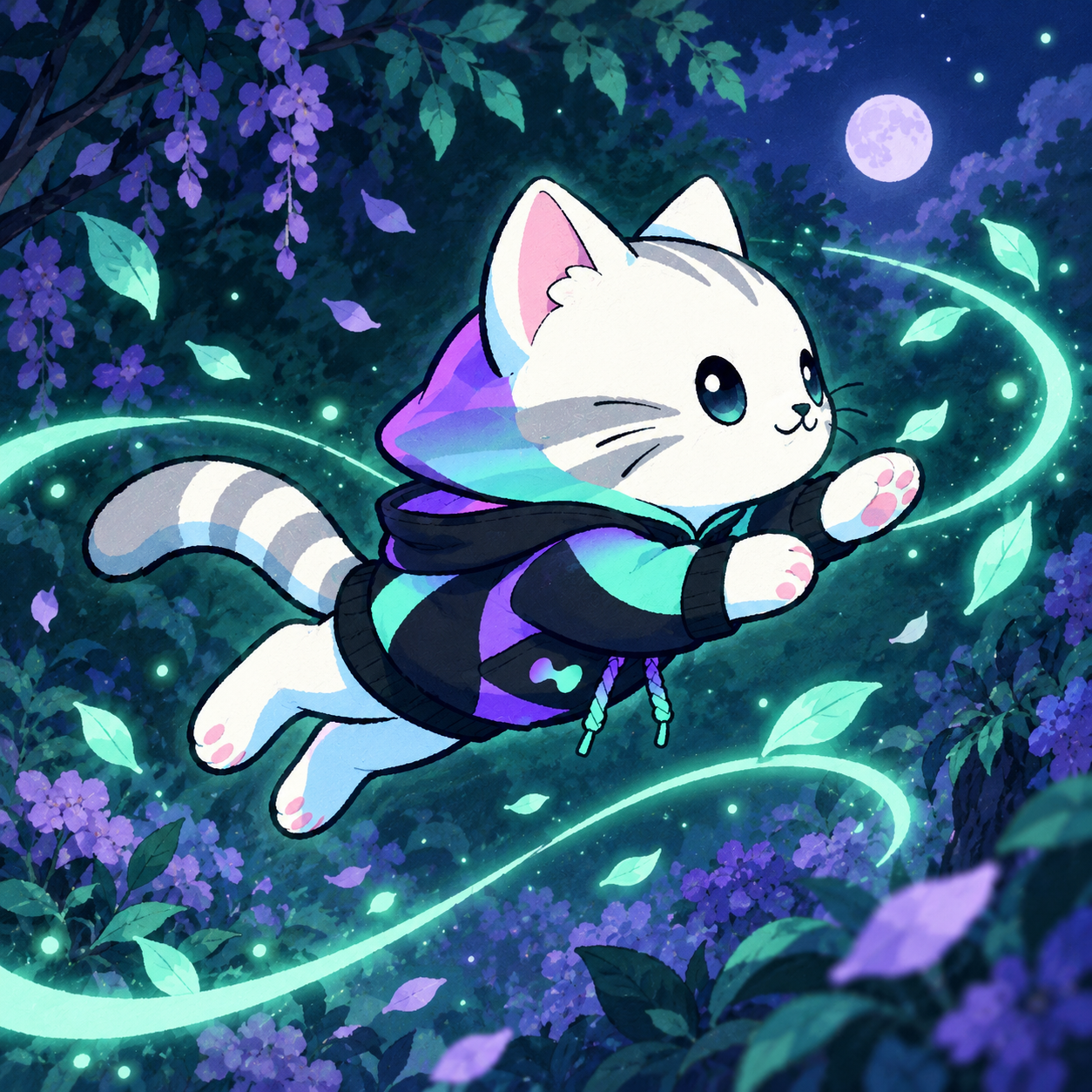 Hypurr leaps right through a moonlit garden, paws reaching for the mint thread.