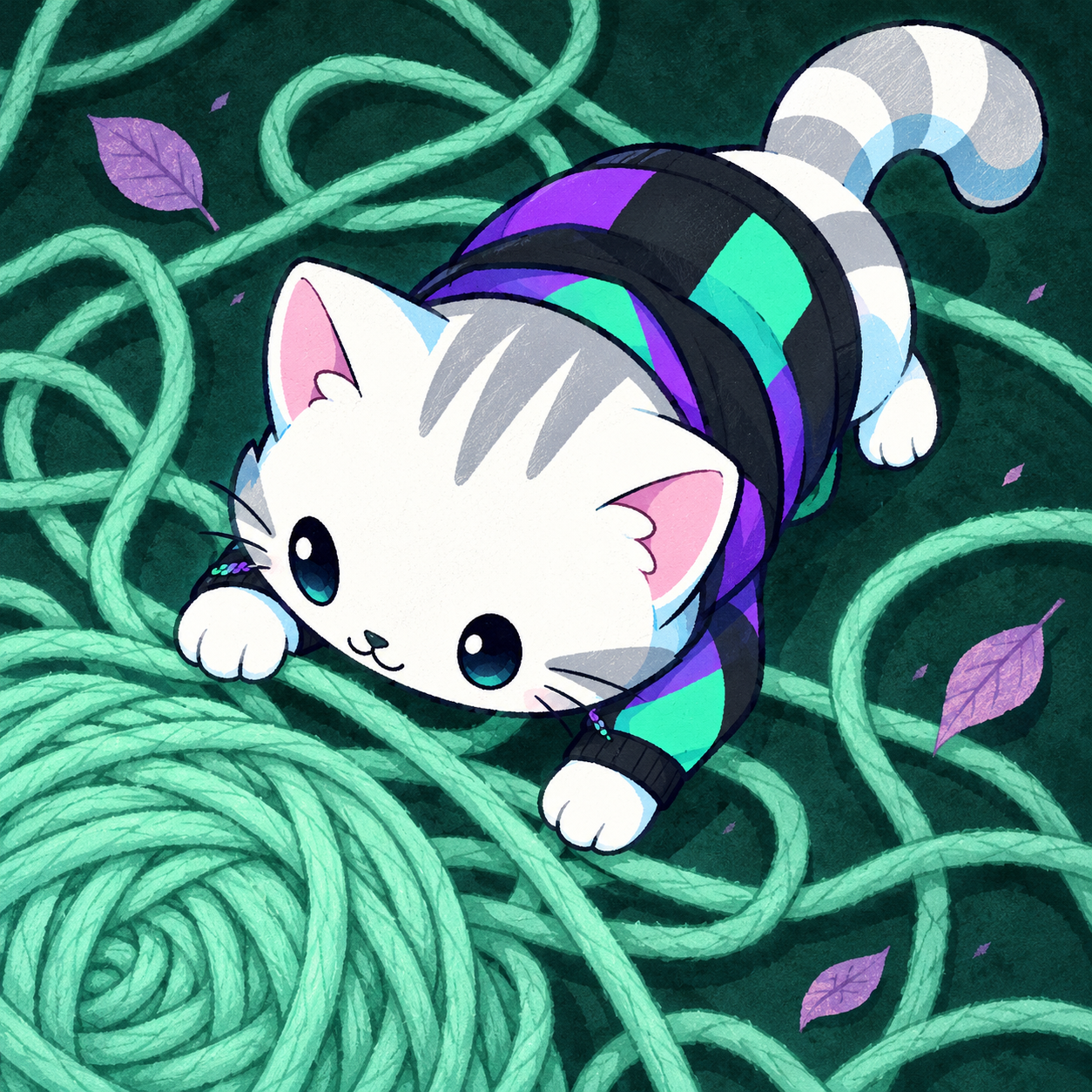 An overhead view of Hypurr pinning down a glowing mint yarn strand.