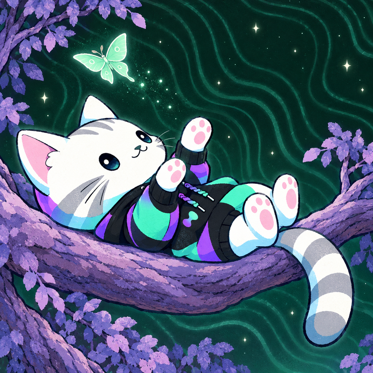 Hypurr lies on his back along a purple branch, looking up at a mint moth.